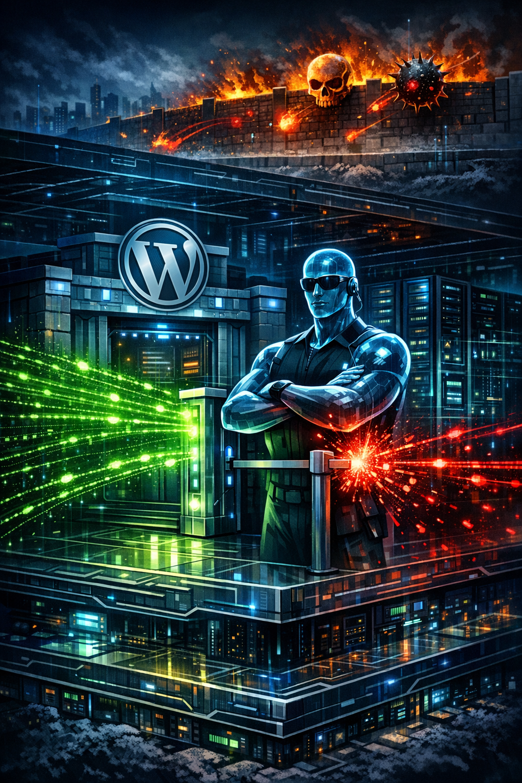 A cyberpunk-style guardian blocks malicious red traffic while allowing green traffic through a WordPress-secured server fortress under cyber attack
